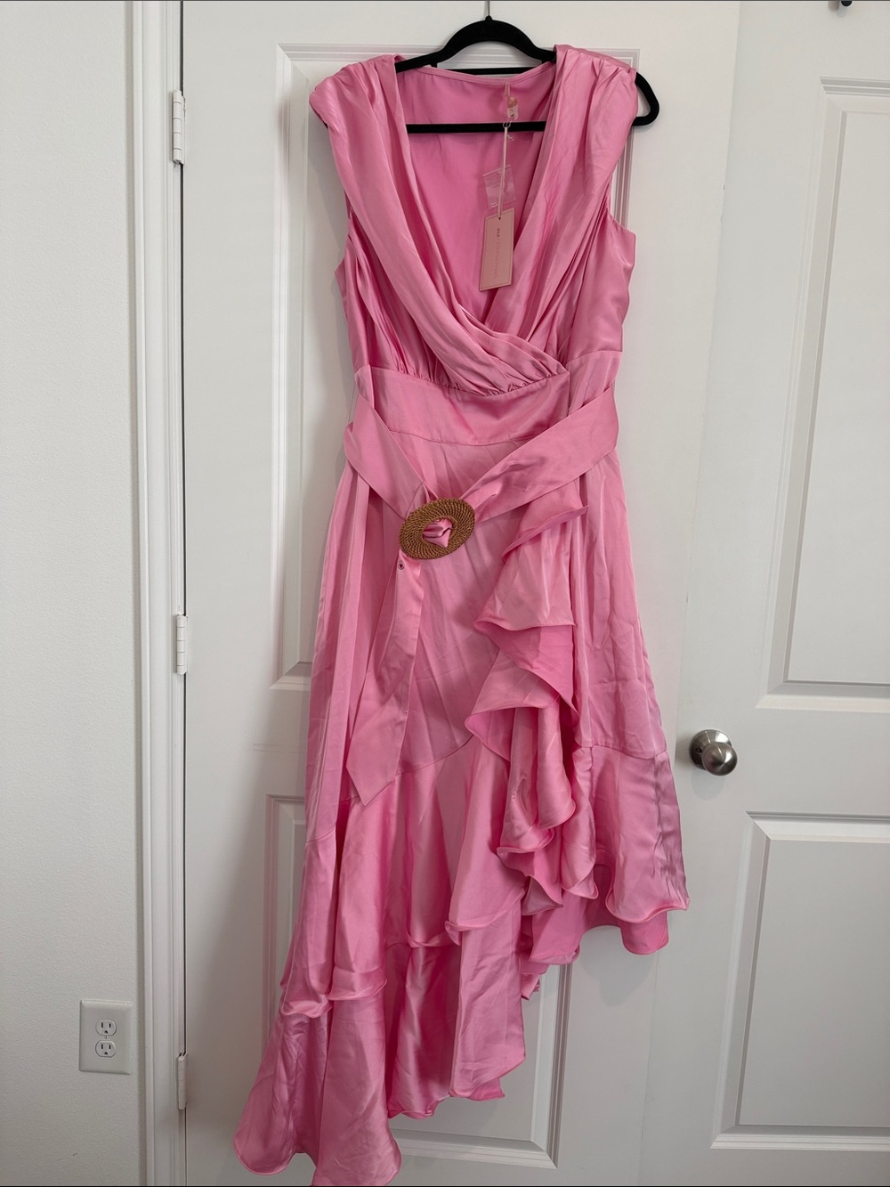Pink Asymmetrical Ruffle Dress with Gathered V-Neck and Buckle Waist